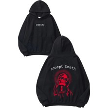 Urbvn Accept Death Tasarım Baskılı Oversize Siyah Kapüşonlu Sweatshirt