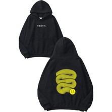 Urbvn Snake Smile Tasarım Baskılı Oversize Siyah Kapüşonlu Sweatshirt