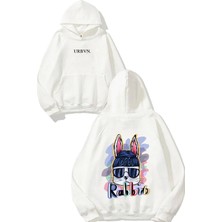 Urbvn Cool Rabbit Tasarım Baskılı Oversize Beyaz Kapüşonlu Sweatshirt