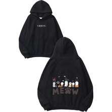 Urbvn Meow Tasarım Baskılı Oversize Siyah Kapüşonlu Sweatshirt