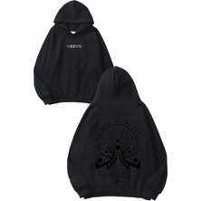 Urbvn We Rise Tasarım Baskılı Oversize Siyah Kapüşonlu Sweatshirt