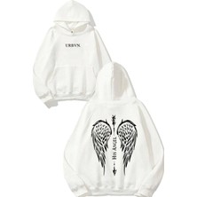 Urbvn His Angel Tasarım Baskılı Oversize Beyaz Kapüşonlu Sweatshirt