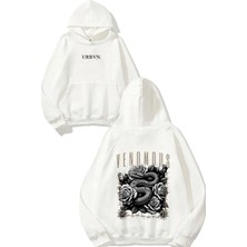Urbvn Venomous Tasarım Baskılı Oversize Beyaz Kapüşonlu Sweatshirt