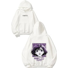 Urbvn Heart Break Feeling Tasarım Baskılı Oversize Beyaz Kapüşonlu Sweatshirt