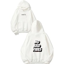 Urbvn No Bad Vibes Tasarım Baskılı Oversize Beyaz Kapüşonlu Sweatshirt