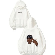 Urbvn Tupac Yüz Tasarım Baskılı Oversize Beyaz Kapüşonlu Sweatshirt