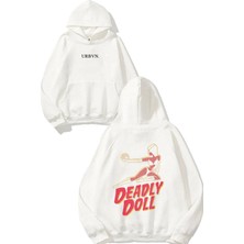 Urbvn Deadly Doll Tasarım Baskılı Oversize Beyaz Kapüşonlu Sweatshirt
