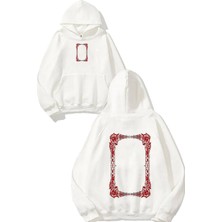 Urbvn Kırmızı Çerçeve Tasarım Baskılı Oversize Beyaz Kapüşonlu Sweatshirt
