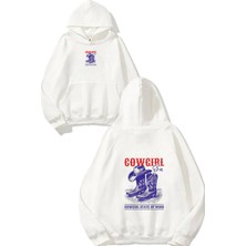 Urbvn Cow Girl Tasarım Baskılı Oversize Beyaz Kapüşonlu Sweatshirt