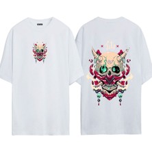 Urbvn Korean Skull 1 Tasarım Baskılı Beyaz Oversize T Shirt