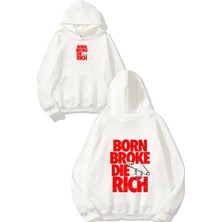 Urbvn Born Broke Tasarım Baskılı Oversize Beyaz Kapüşonlu Sweatshirt
