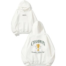 Urbvn Athletic Club Tasarım Baskılı Oversize Beyaz Kapüşonlu Sweatshirt