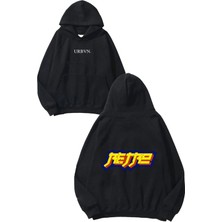 Urbvn Retre Tasarım Baskılı Oversize Siyah Kapüşonlu Sweatshirt