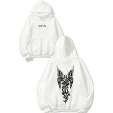 Urbvn Melek Heykel Tasarım Baskılı Oversize Beyaz Kapüşonlu Sweatshirt