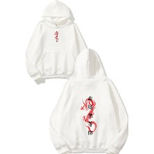 Urbvn China Drago Tasarım Baskılı Oversize Beyaz Kapüşonlu Sweatshirt