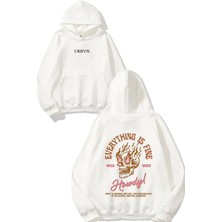 Urbvn Everything Is Fine Tasarım Baskılı Oversize Beyaz Kapüşonlu Sweatshirt