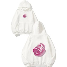 Urbvn Pink Money Tasarım Baskılı Oversize Beyaz Kapüşonlu Sweatshirt