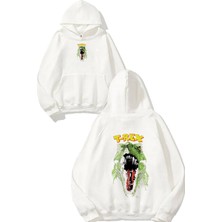 Urbvn Trex Face Tasarım Baskılı Oversize Beyaz Kapüşonlu Sweatshirt
