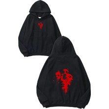 Urbvn Red Faces Tasarım Baskılı Oversize Siyah Kapüşonlu Sweatshirt