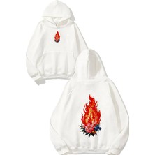 Urbvn Fire And Flower Tasarım Baskılı Oversize Beyaz Kapüşonlu Sweatshirt