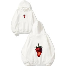 Urbvn Bite Strawberry Tasarım Baskılı Oversize Beyaz Kapüşonlu Sweatshirt