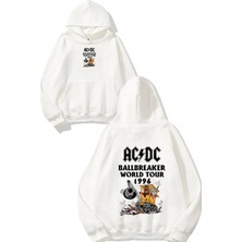 Urbvn Acdc Ballbreaker Tasarım Baskılı Oversize Beyaz Kapüşonlu Sweatshirt