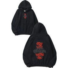 Urbvn Fast Live Tasarım Baskılı Oversize Siyah Kapüşonlu Sweatshirt