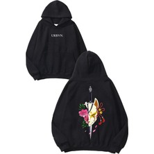 Urbvn Chinese Cat Flower Tasarım Baskılı Oversize Siyah Kapüşonlu Sweatshirt