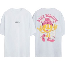 Urbvn Stay Positive Tasarım Baskılı Beyaz Oversize T-Shirt