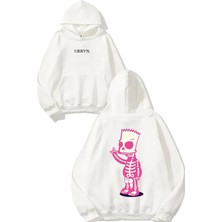Urbvn Pink Skull Simpson Tasarım Baskılı Oversize Beyaz Kapüşonlu Sweatshirt