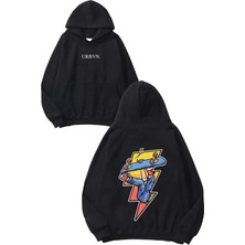 Urbvn Lightning Skate Tasarım Baskılı Oversize Siyah Kapüşonlu Sweatshirt