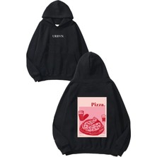 Urbvn Pink Pizza Tasarım Baskılı Oversize Siyah Kapüşonlu Sweatshirt