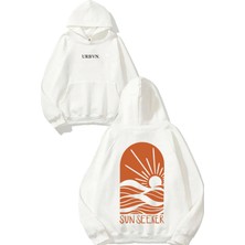 Urbvn Sun Seeker Tasarım Baskılı Oversize Beyaz Kapüşonlu Sweatshirt