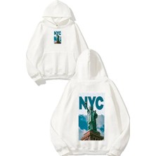 Urbvn Nyc 2 Tasarım Baskılı Oversize Beyaz Kapüşonlu Sweatshirt