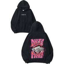 Urbvn Dirty Money Tasarım Baskılı Oversize Siyah Kapüşonlu Sweatshirt