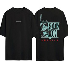 Urbvn Rock On Tasarım Baskılı Siyah Oversize T Shirt