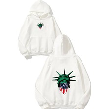 Urbvn Liberty America Tasarım Baskılı Oversize Beyaz Kapüşonlu Sweatshirt