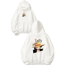 Urbvn Anime Loffy Tasarım Baskılı Oversize Beyaz Kapüşonlu Sweatshirt