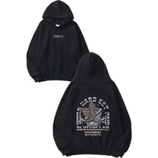 Urbvn Hard Work Tasarım Baskılı Oversize Siyah Kapüşonlu Sweatshirt