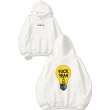 Urbvn Fck Yeah Tasarım Baskılı Oversize Beyaz Kapüşonlu Sweatshirt