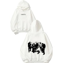 Urbvn Gang Team Tasarım Baskılı Oversize Beyaz Kapüşonlu Sweatshirt