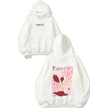 Urbvn Paris Amour Tasarım Baskılı Oversize Beyaz Kapüşonlu Sweatshirt