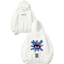 Urbvn Orange Eye Tasarım Baskılı Oversize Beyaz Kapüşonlu Sweatshirt