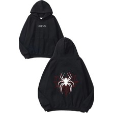 Urbvn Love Spider Tasarım Baskılı Oversize Siyah Kapüşonlu Sweatshirt