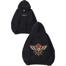 Urbvn Kuş Desen Tasarım Baskılı Oversize Siyah Kapüşonlu Sweatshirt