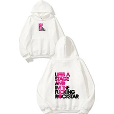 Urbvn Life Is A Stage Tasarım Baskılı Oversize Beyaz Kapüşonlu Sweatshirt