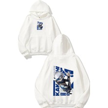 Urbvn Anime Blue Tasarım Baskılı Oversize Beyaz Kapüşonlu Sweatshirt