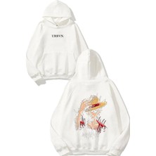 Urbvn Monkey Luffy Hat Tasarım Baskılı Oversize Beyaz Kapüşonlu Sweatshirt