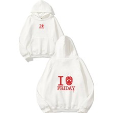 Urbvn 13 Friday Tasarım Baskılı Oversize Beyaz Kapüşonlu Sweatshirt