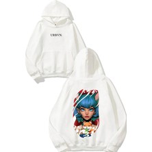Urbvn Fox Girl Tasarım Baskılı Oversize Beyaz Kapüşonlu Sweatshirt